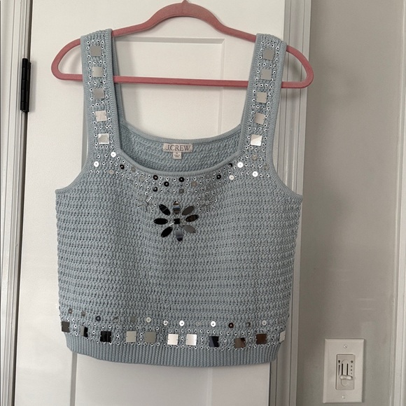 J. Crew Sky Blue Sweater Tank w/Hand-embellished Mirrors, size XL - Picture 2 of 3